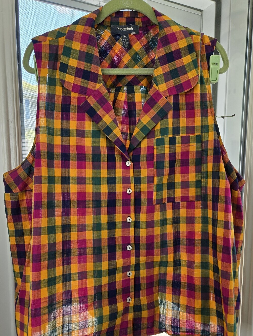 ModCloth Yellow Pink Green Plaid Sleeveless Button-Down Shirt